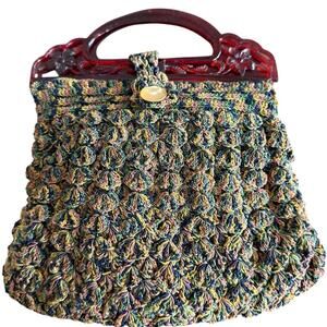 Crocheted Vintage Purse Handbag Circa 1940s Multicolored Plastic Handles